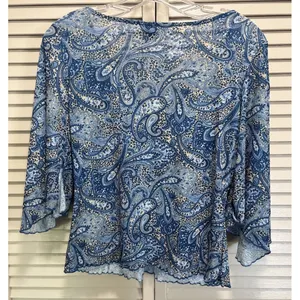MYO Blue Paisley‎ Top Butterfly Sleeves Size Medium V Neck Ruffle Hem Boho thumbnail 5