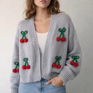 Luna Ivy Grey Blue Chunky‎ Knit Cherry Cardigan Sweater NWT Womens Small thumbnail 1