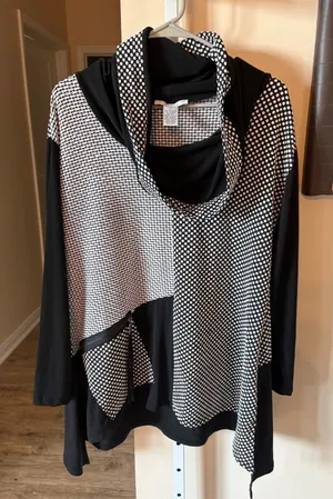 Grace Black White Polka Dot Cowl Neck Tunic Top Mixed Pattern Zipper Detail L thumbnail 1