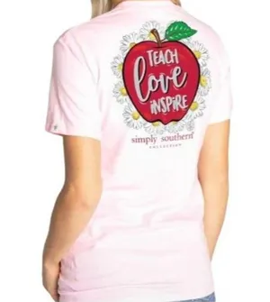 Simply Southern Preppy Teach Love Inspire Teacher Shirt Pink Womens Size XL thumbnail 1