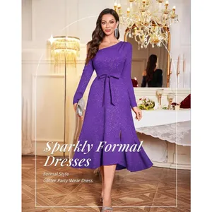 NEW Formal Glitter Wedding Guest Cocktail Formal 1 Shoulder Long Sleeve Dress L thumbnail 6