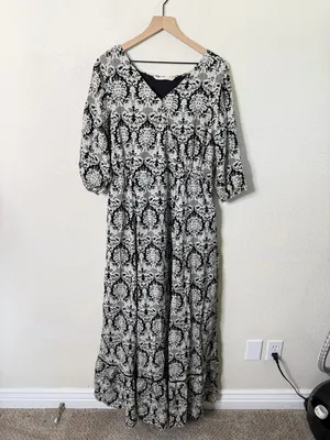 Wayward Fancies‎ Eshakti Damask Print Lined Maxi Dress Rayon Cotton Size XL thumbnail 2