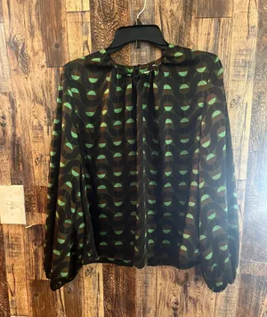 ZARA Olive Green Geometric Print Long Bishop Sleeve Satin Blouse | XL (aa) thumbnail 3