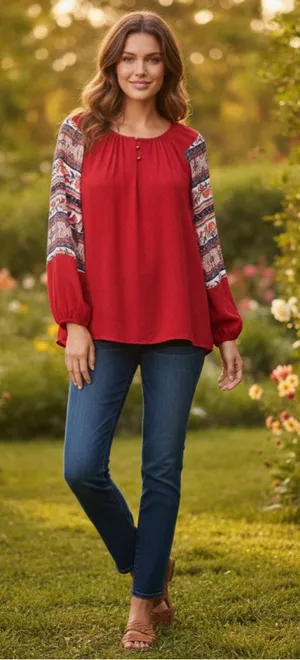 Style & Co Medley Muse Red Textured Long Sleeve Blouse Size L (22” PTP) NWT thumbnail 1