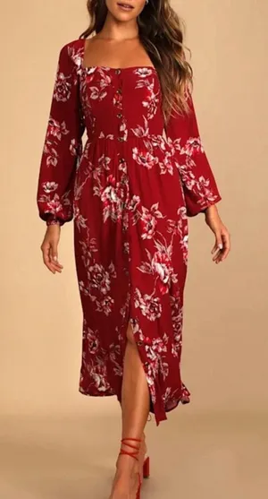 NWT‎ Lulus Total Perfection Burgundy Floral Print Tie-Back Midi Dress SMALL thumbnail 1