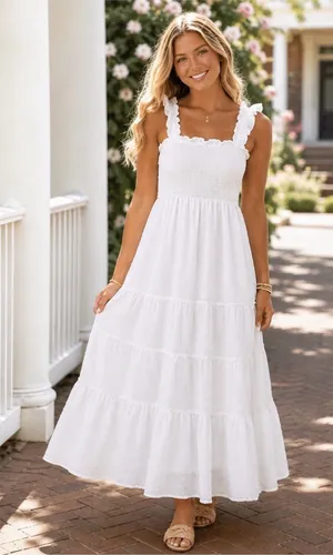 Hill House Home The Nap Dress Smocked Ruffle Straps Tiered White Small thumbnail 1