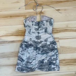 ZARA METALLIC DRAPED HALTER MINI DRESS SILVER W/ Black Floral Zipper Size Small thumbnail 2