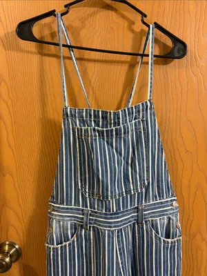 Kensie Women’s Blue‎ & White Striped Wide Leg Denim Overalls Medium NWOT thumbnail 4