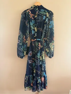 Lulus Fallyn Navy Floral Swiss Dot Long Sleeve Midi Dress Size Medium Tie Waist thumbnail 6