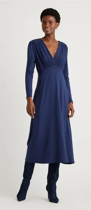 Quince Tencel Jersey V-Neck Long Sleeve Midi Dress navy blue size large thumbnail 1