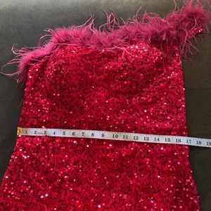 Women’s Pink Short Feather & Sequin One Shoulder Prom Party Dress Size 14 *READ thumbnail 11