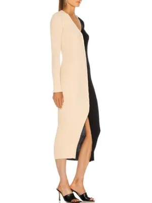 STAUD Shoko Two Tone Ribbed Button Down Midi Dress Colorblock Cream tan Black XS thumbnail 3