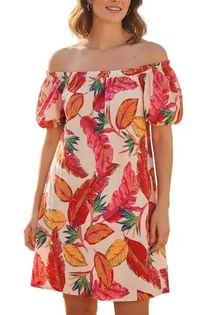 Nine West Tropical Leaf Off Shoulder Dress Small Puff Sleeve‎ Vacation Pockets thumbnail 1