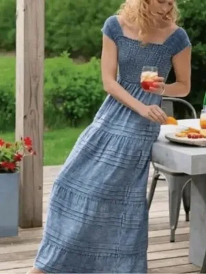 SOFT‎ SURROUNDINGS Smocked Chambray Denim Maxi Dress Large Petite Sleeveless thumbnail 1
