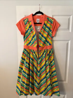 Disney Coral, Teal & Yellow Striped Fit-and-Flare Dress size M length 42” B32” thumbnail 5