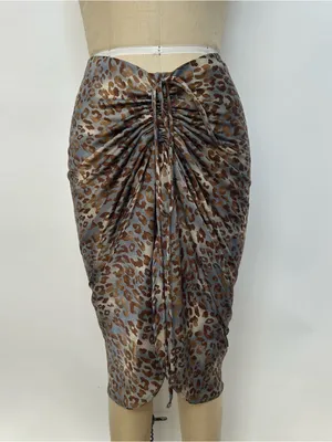 Miou Muse Leopard Satin Pencil Skirt in Gray & Brown thumbnail 1