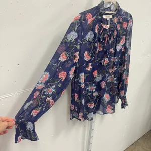 LOFT Floral Chiffon Ruffle Tie Neck Smocked Cuff Blouse Large Navy Blue Sheer thumbnail 5