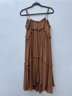 Marlowe Sirena Maxi Dress Brown Boho Ruffle Tiered Crinkle Gauze M thumbnail 2