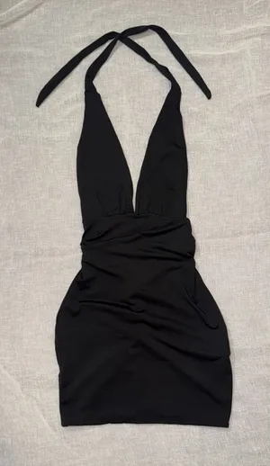 SHEIN Small Black Halter Deep V Neck Ruched Bodycon Formal Dress Open Back NWOT thumbnail 1
