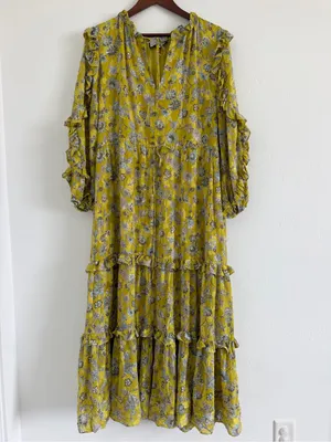 Alexis Auja Floral Print Crepe Midi Dress Lime Green Yellow Ruffle Size Small thumbnail 2
