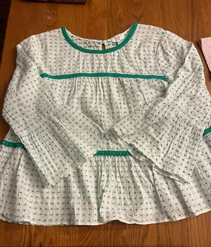 Women’s White Peasant Top with Green Trim thumbnail 1
