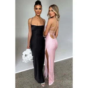 NWT Babyboo Makalita Blush Pink Satin Lace Up Back Slit Slip Maxi Dress Size XS thumbnail 7