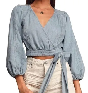 Free People Sophie denim wrap top thumbnail 1