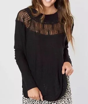 Free People Spring Valley Black Thermal Lace-Trim Top W-128 Sz Small thumbnail 1
