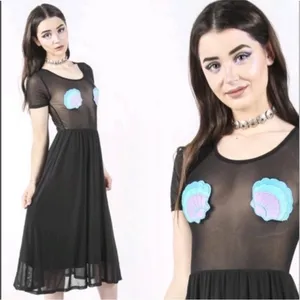 NEW! Iron Fist Mermaid For Life Sheer Black Midi Dress 3X Turquoise Blue Shells thumbnail 2