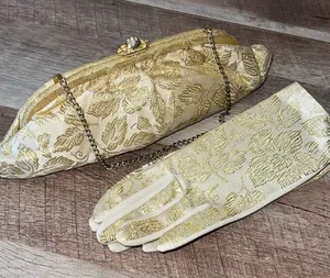 Vintage 1950’s Womens Metallic Jacquard Chain Handle Clutch and Gloves Gold Crea thumbnail 1