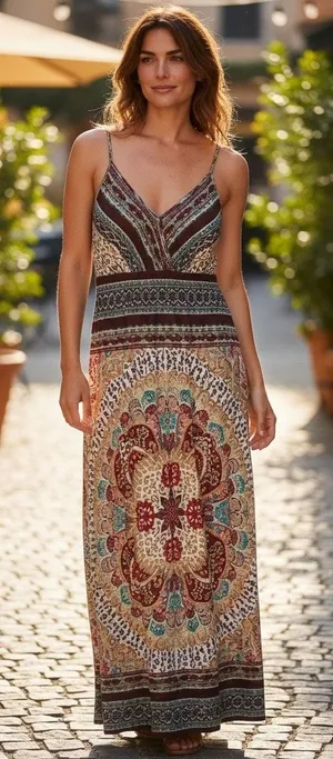 she's cool Women's Boho Brown Paisley Spaghetti Strap Hippie Chic Maxi Dress ~ Plus Size 1X thumbnail 1