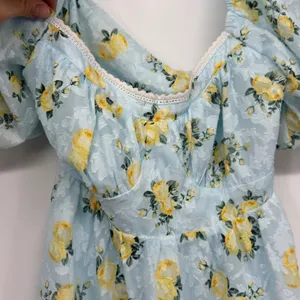 Altar'd State Blue Yellow Floral Puff Sleeve Tie Back Mini Dress Medium Coquette thumbnail 3