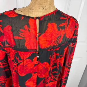 Eva Mendes Red & Black Floral Shift Dress | Size M | Elegant Lace Detail thumbnail 8