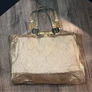 TORY BURCH Tote Bag Cable Knit METALLIC GOLD TRIM Wool Silk Lining Horse READ! thumbnail 3