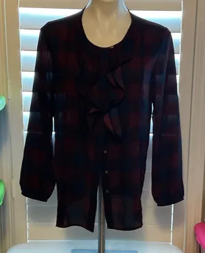 Ann Taylor Burgundy and Navy Checkered Button Down Shirt thumbnail 1