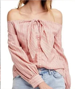 Free‎ People Hello There Beautiful Off Shoulder Striped Top Linen Blend thumbnail 1