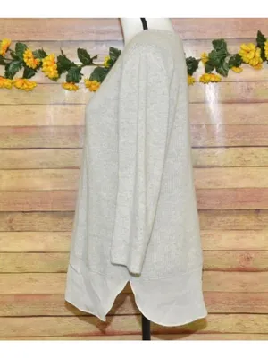 Neiman Marcus Cashmere Sweater L Beige 100% Cashmere Silk Hem V Neck Tunic thumbnail 5