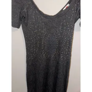 Free People Dark Gray V-Neck Knit Studs Short Sleeve Boho‎ Shift Dress - small thumbnail 2