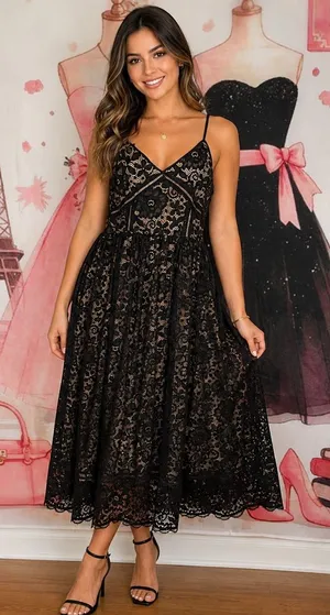NSR Black Lace A-Line Midi Dress L thumbnail 1