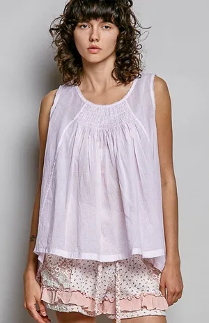 POL Round Neck Sleeveless Striped Pleated Cotton Top -‎ Pink - Small thumbnail 1
