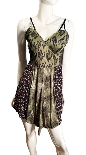 Thorn & Fable Green Lace Patchwork Floral Mini Dress M strappy corset Fairycore thumbnail 1