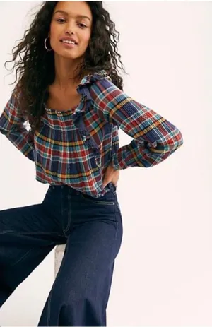 Free People Plaid Ruffle Square-Neck Top in Navy Red Yellow thumbnail 1