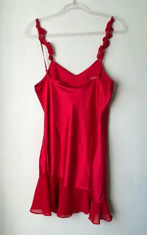 Vintage 00s Y2K Enchanting Red Satin Embroidered Ruffle Slip Dress S thumbnail 2