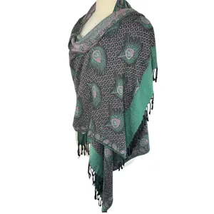BOHEMIAN Peacock Feathers Print Pashmina, Black Green Pink thumbnail 3