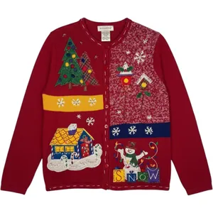 Vintage White Stag Christmas Cardigan Sweater Small‎ Red Holiday Snowman Tree thumbnail 1