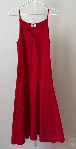 Uniqlo U Cotton Relaxed Coastal Minimalist Seersucker Midi Cami Dress Red M thumbnail 1