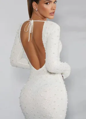 Oh Polly long sleeve embellished backless mini dress in ivory thumbnail 2