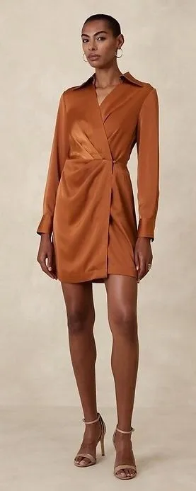Banana Republic Satin Wrap Mini Dress Copper Brown Long Sleeve Collared Size 6 thumbnail 1