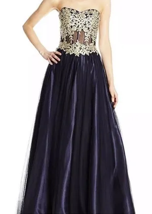 Blondie Nites Gown Juniors‎ Size 9 Navy Long Mesh Gown Corset Style Gold Prom thumbnail 1