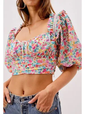 For Love & Lemons Floral Claude Puff Sleeve Crop Top Pink Blue Size Large thumbnail 1